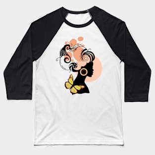 Minimalistic Black Woman and Butterfly Baseball T-Shirt